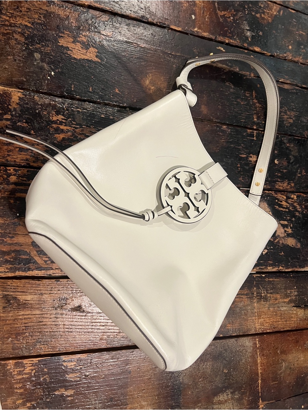 Tory Burch Miller Hobo White Napa Leather Shoulder Bag with Logo Medallion